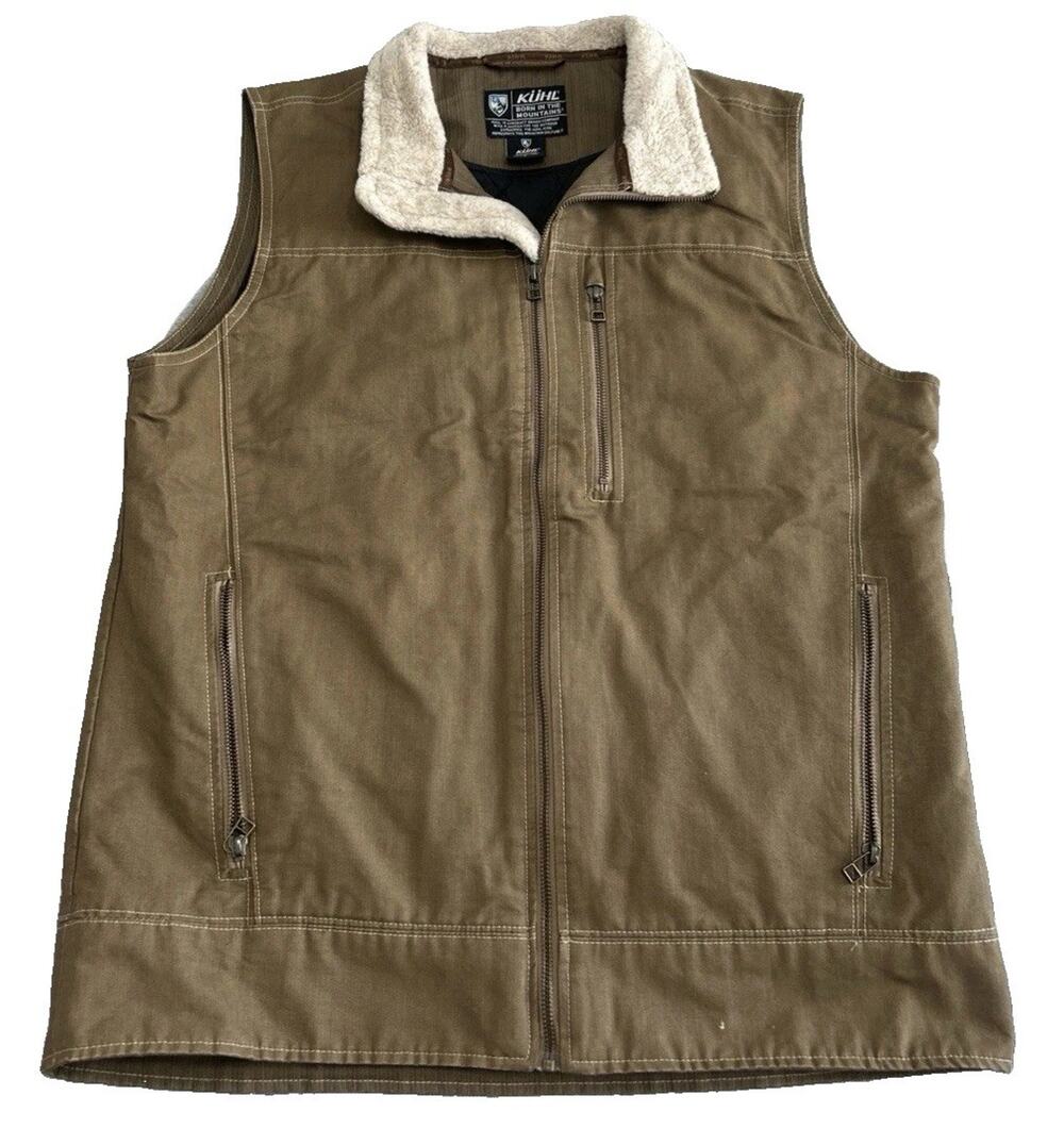Kuhl Burr Lined Vest Mens Large Beige Quilted Insulated Full Zip Pockets Canvas